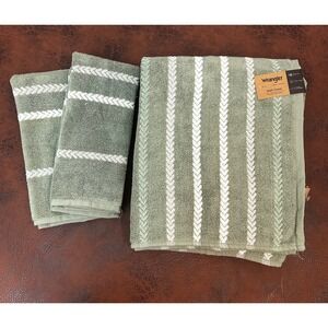 Wrangler Sage Green White Chevron Stripe 100% Cotton Bath Towel Set 4 Piece NEW